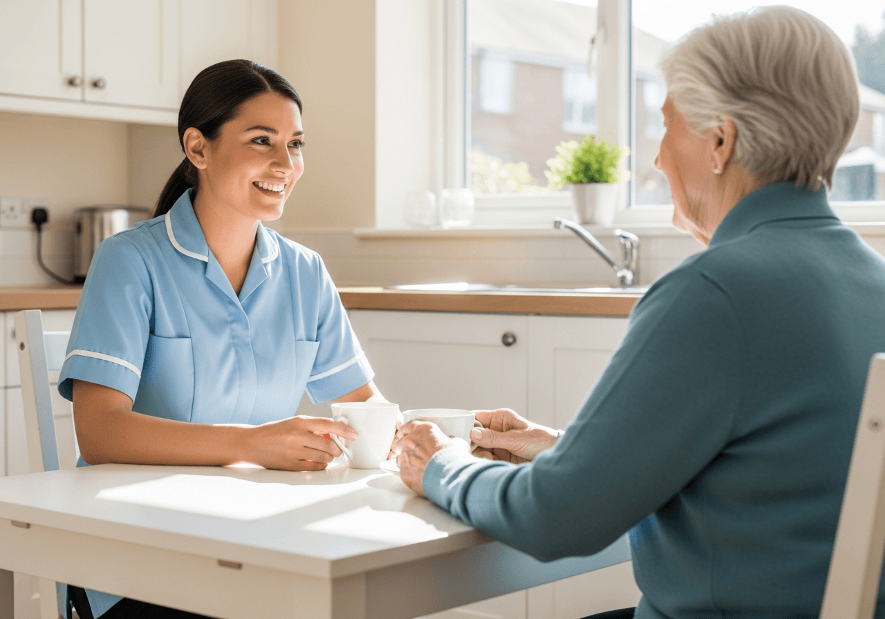 A smiling care worker sitting beside an elderly woman at a kitchen table, sharing a warm conversation over a cup of tea